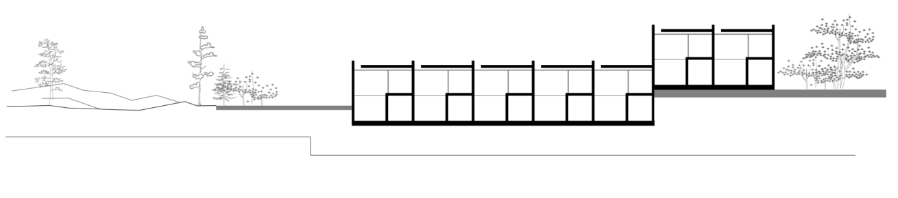 Esquema de condominio horizontal con unidades a nivel del terreno y áreas comunes
