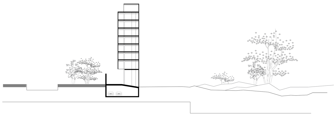 Esquema de condominio vertical con departamentos en distintos pisos sobre terreno común